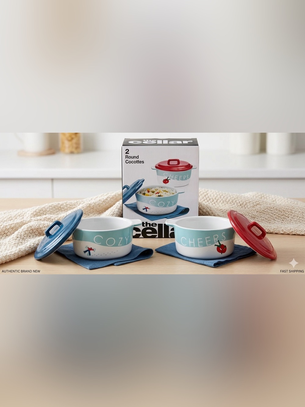 The Cellar Cozy & Cheers Round Cocottes Set of two holiday - Blue and Red